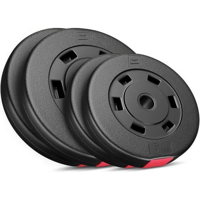 Hop-Sport Disques de Poids en Plastique 30 kg Alésage 31 mm, pour Barre d'haltères 30 mm Musculation (SET A : 2 x 5 kg + 2 x 10 kg)