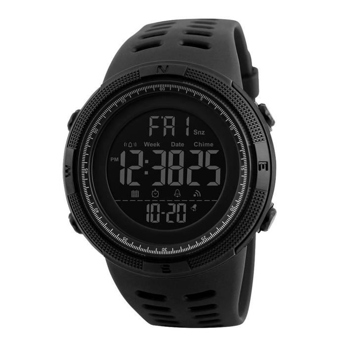 Montre de sport numérique pour hommes, montre étanche chronomètre compte à rebours rétro-éclairage double fuseaux Noir fenteer