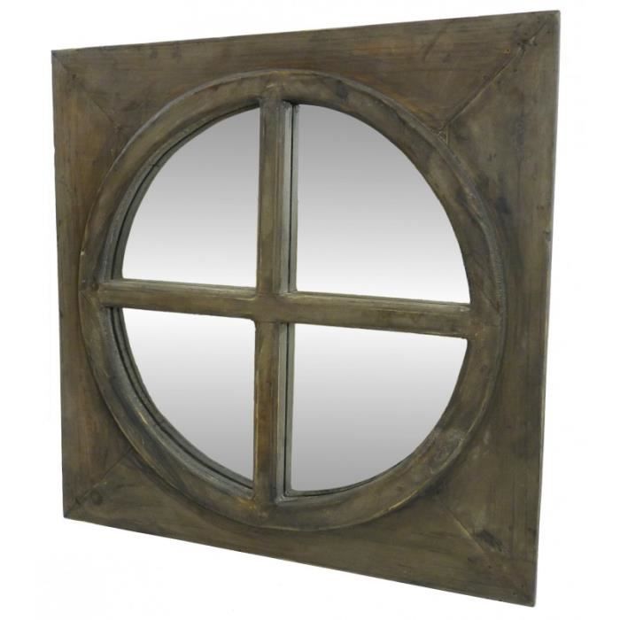 Miroir Carré Glace Ronde en Bois Style Ancien Oeil de Boeuf avec Croix 3x50x50cm