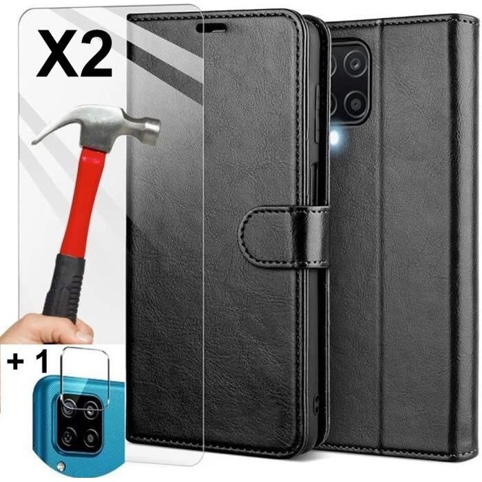 Etui Coque Galaxy A12 + 2 Verre trempé 1 Pack avec Caméra Arrière Protecteur simili cuir Noir