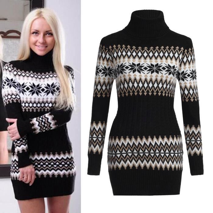 Noël femmes flocon de neige imprimé à manches longues à col roulé Robe pull @TRN7895