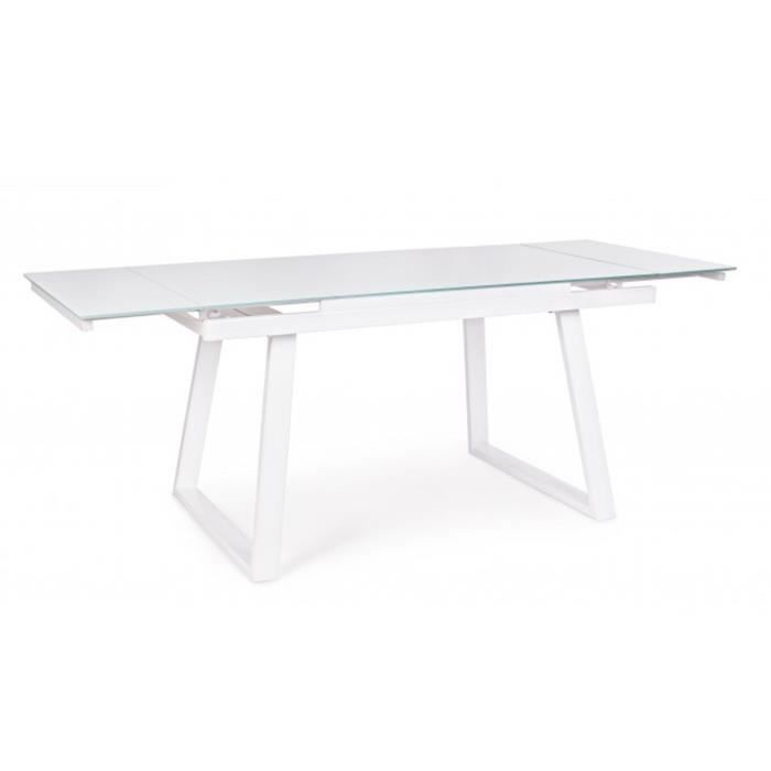 Table à rallonge coloris blanc en verre et fer -L 140-200 x P 80 x H 75 cm