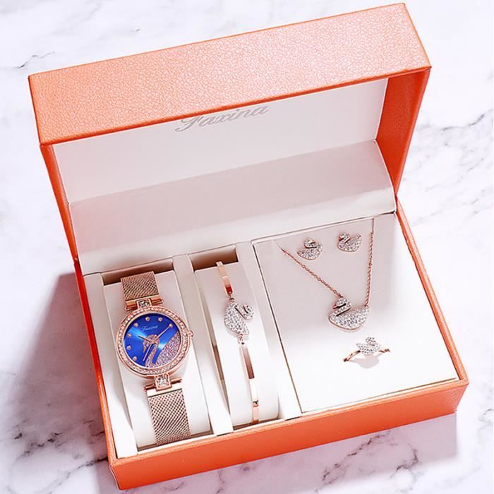 SHARPHY Coffret Montre Femme Bracelet Anneau Collier Boucles d'oreilles - Bijoux Cygne Quartz etanche Accessoires Bleu