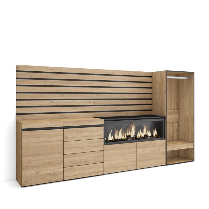 Buffet Bahut 274x35x145 cm Chambre à coucher pièce Cheminée électrique XXL Commode Buffet Vestiaire ouvert Chêne RF3399
