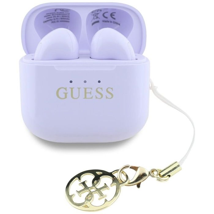 Écouteurs Bluetooth TWS Guess effet brillant avec logo et breloque classiques imprimés (lavande)