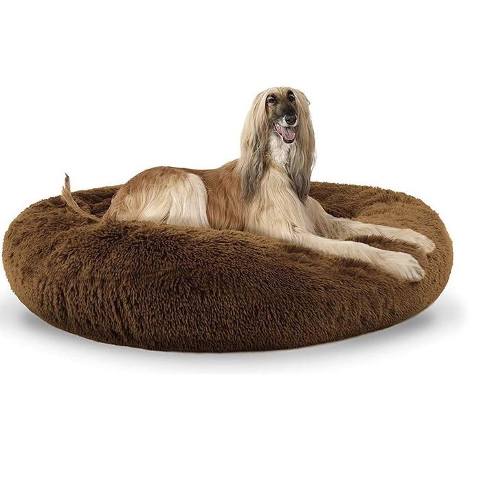 Lit Moelleux Rond Pour Chat Et Chien Extra Large Lavable Avec Coussin Corbeille et panier pour chien 100x100cm Brun