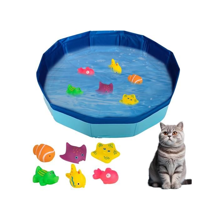 Piscine pour chat - 30 x 10 cm Pliable Avec 6 jouets de pêche - Mini piscine pour chat et chien Jouet aquatique Mini piscine dété