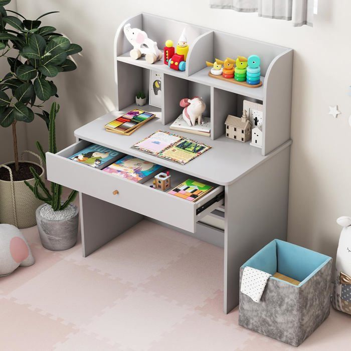 GOPLUS Bureau pour Enfants 80x48x102CM-1 Tiroir Coulissant+1 Etagère Ouverte+Bibliothèque-Charge 70KG-Gris