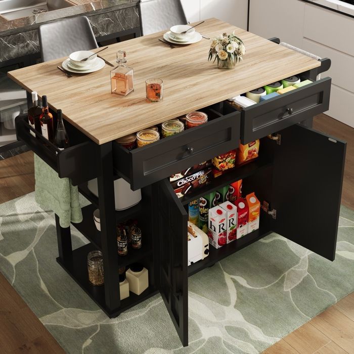 Desserte de cuisine à roulettes îlot de cuisine avec rangement multifonctionnel et table pliante noir - 147 x 40 x 90 cm