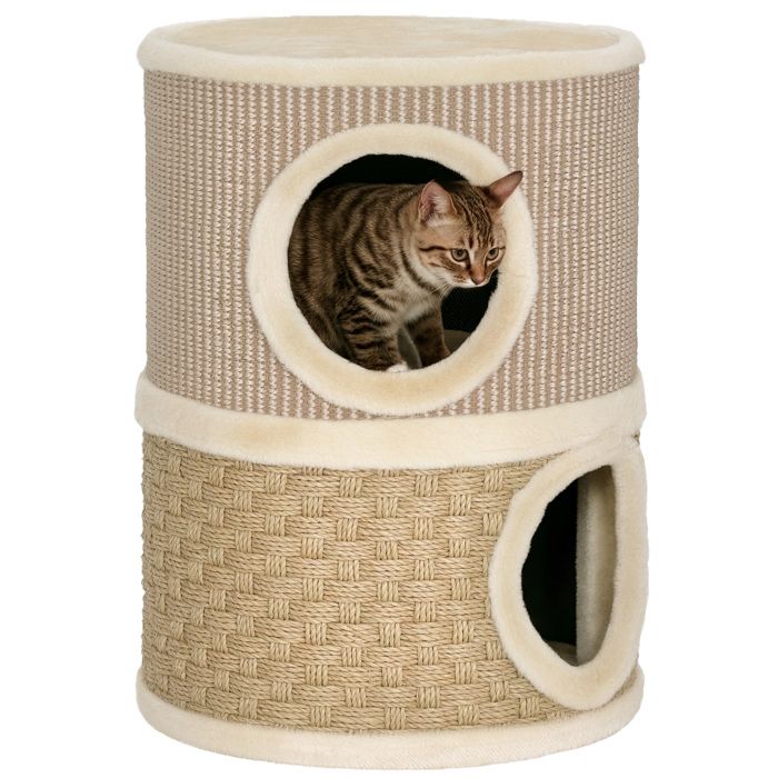Tonneau pour chat - PawHut - 2 niveaux - avec griffoirs - recouvert de peluche - 355 x 355 x 49 cm - kaki et café