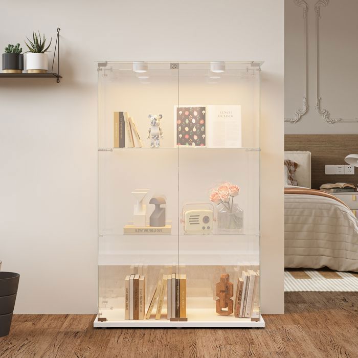 Vitrine en verre trempé blanc meuble de collection transparent avec 2 porte et 3 niveaux et lampe toucher，pour salle à manger salon