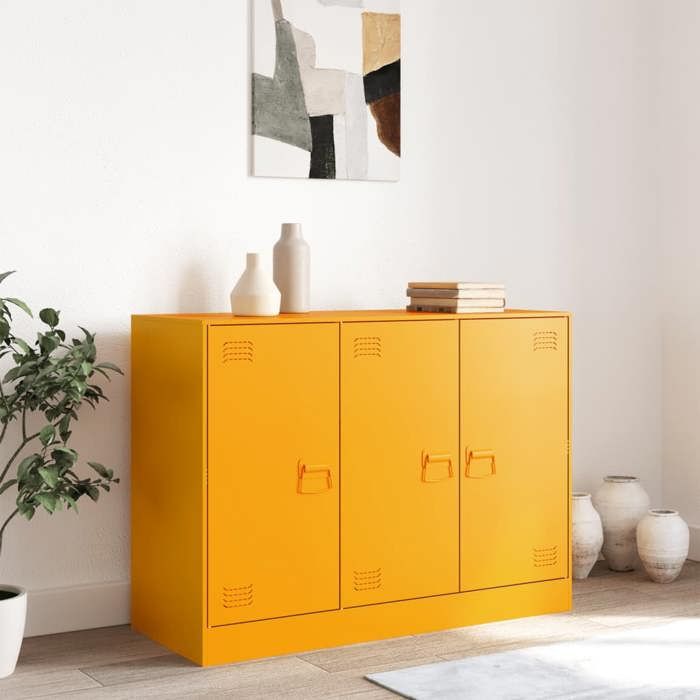 Buffet en acier - vidaXL - Jaune moutarde - 99x39x73 cm - 6 compartiments - 3 portes - 3 poignées en métal