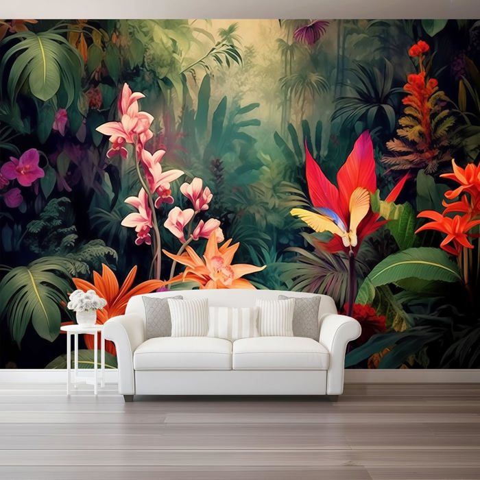 Papier Peint Tropical Panoramique 3D Rouge Fleurs Tropicales Feuilles ...