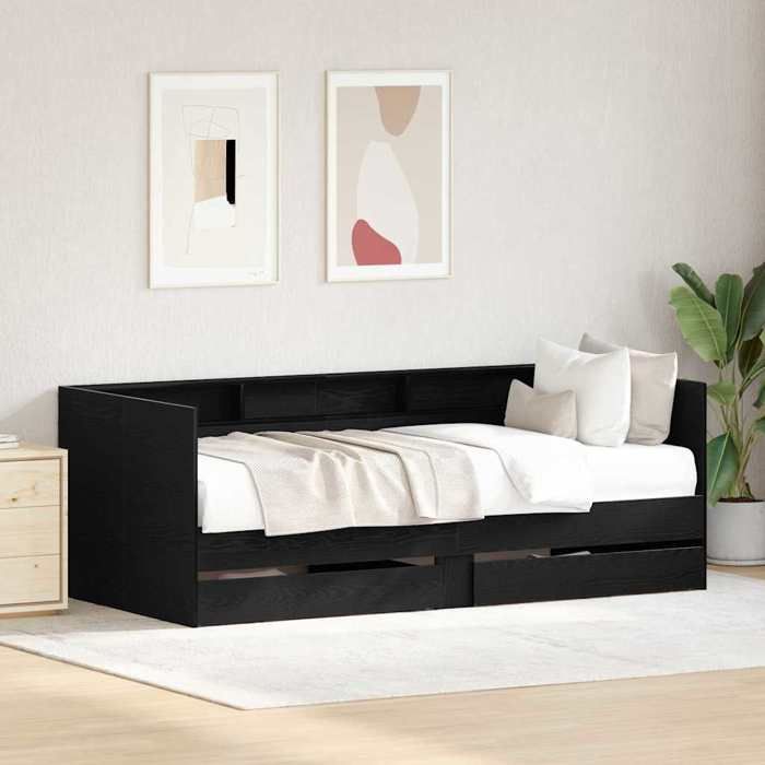 Lit dappoint en bois dingénierie - UU - Chêne noir - 75x190 cm - Avec tiroir - 193x86 5x73 cm - Poids maximal 110 kg