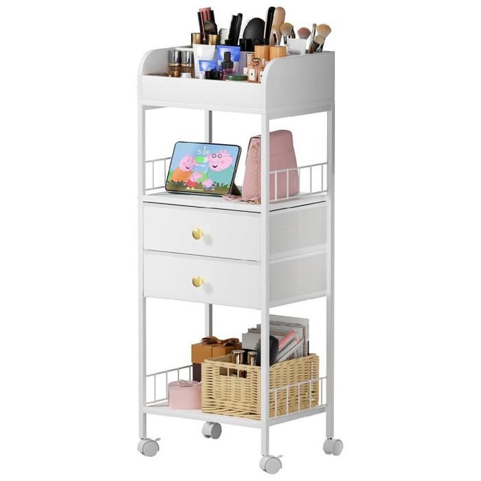 Chariot de Rangement pour Cosmétiques Mobile - Desserte de Cuisine à 3 Niveaux et 2 Tiroirs en Tissu - 40x30x100 cm - Blanc
