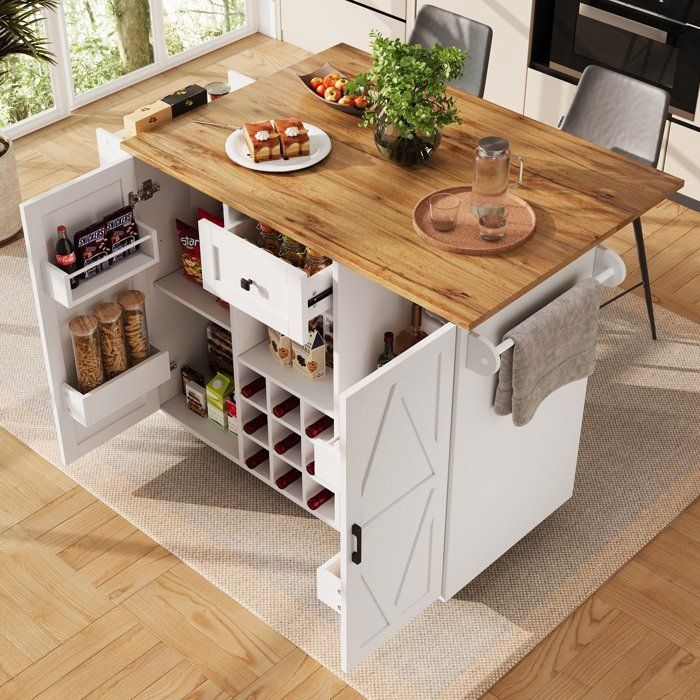 Desserte Maisentiel 1375x40x956 cm MDF blanche plateau rabattable avec tiroir range-bouteilles amovible et roulettes
