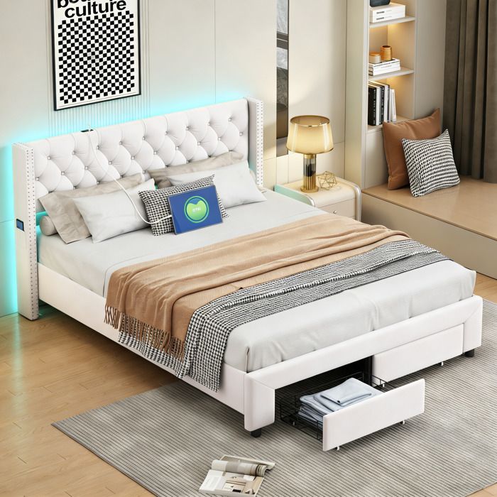 Lit double 140x190cm avec sommier à lattes tête de lit avec LED et USB lit coffre 2 tiroirs tissu en velours beige