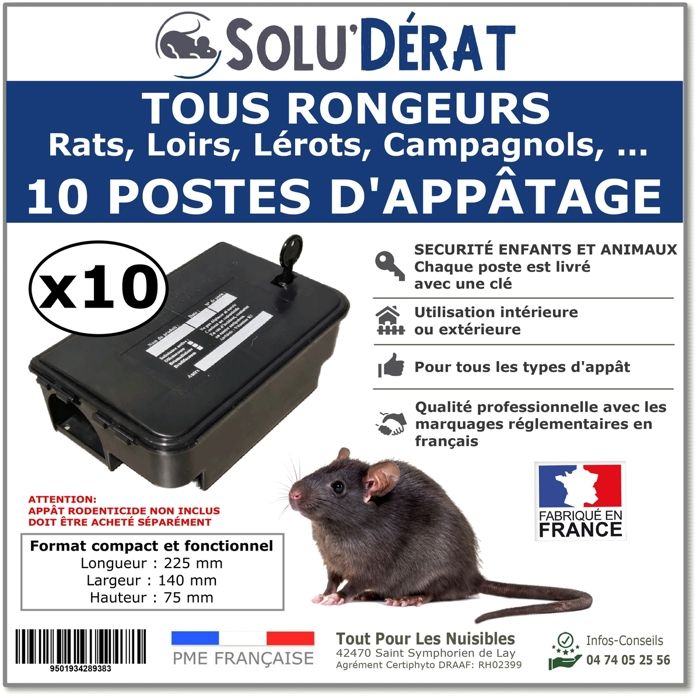 Postes dappatage sécurisé et Professionnel pour Rats et Autres rongeurs SOLUDERAT - Lot de 10 postes/Stations