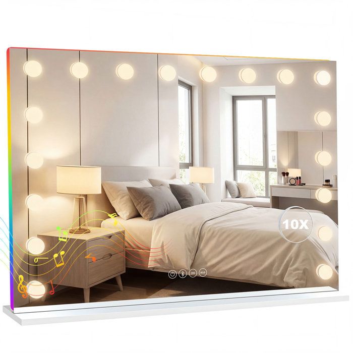 Miroir maquillage Hollywood - HOMCOM - 18 ampoules LED dimmables lumière RGB haut-parleur Bluetooth - verre - 80x60cm - blanc