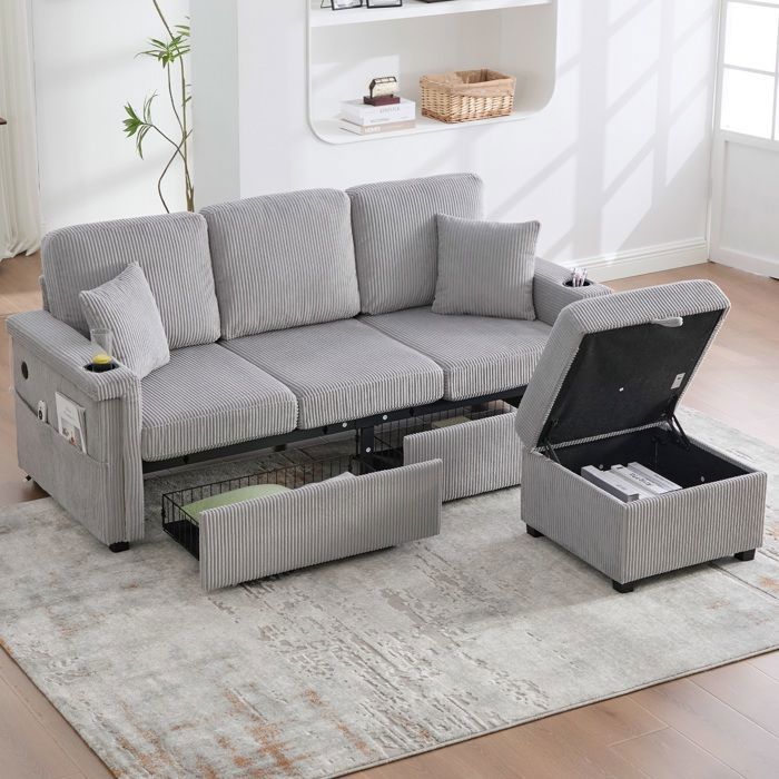 Canapé dAngle Réversible4 PlacesLED Intégré & Port USB-CTiroirs de Rangement + Poches LatéralesClair Gris