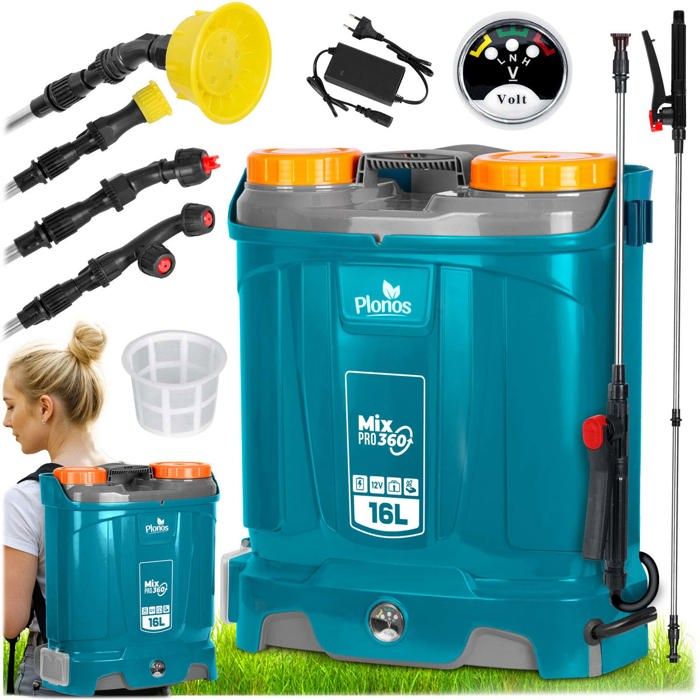 Pulvérisateur à batterie avec mélangeur - Plonos - 16 l - Batterie 12 V 8 Ah - Durée de fonctionnement 9 h