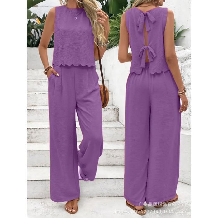 Ensemble femme 2 pièces : débardeur de sport sans manches et pantalon long décontracté pour l’extérieur-Violet