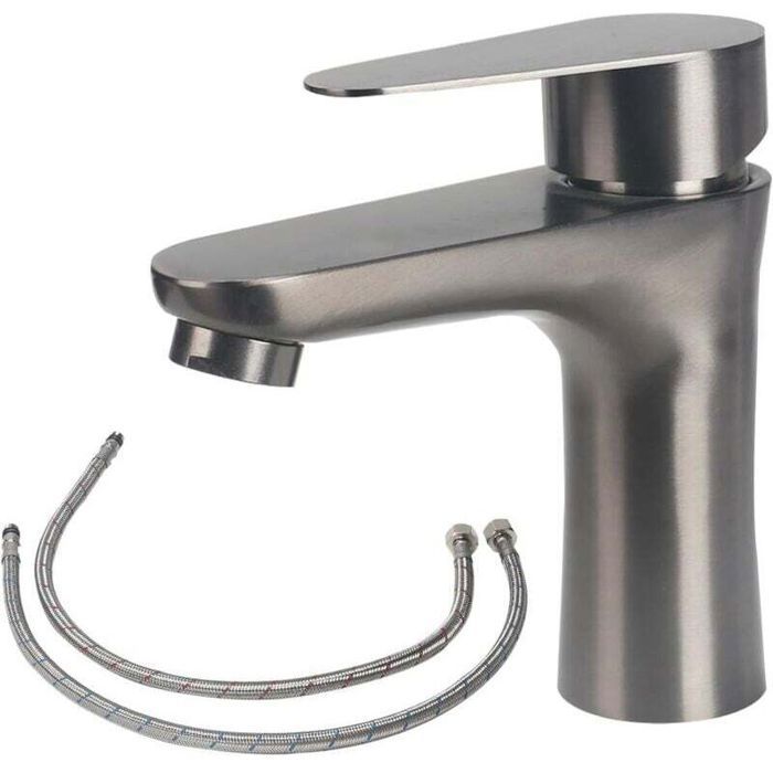 Robinet mitigeur de lavabo - PZCC - Acier inoxydable 304 - 15 5x10 5 cm - Gris - Eau chaude et froide
