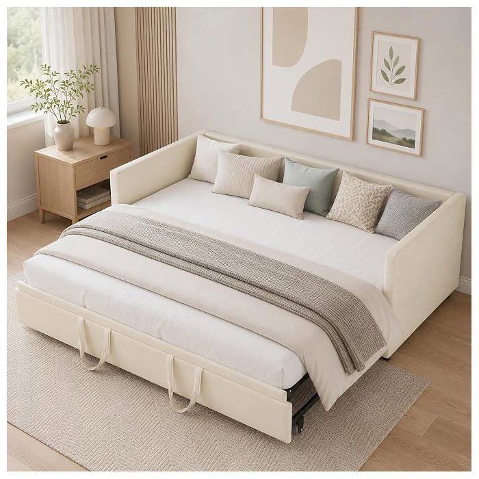 Canapé-lit 2 places extensible 90/180 x 200 cm Convertible en lit double Lit Convertible 2 en 1 avec sommier à lattes velours Beige