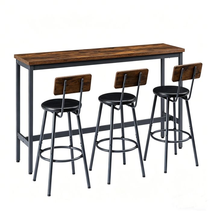 Ensemble table haute avec 3 tabourets de bar rembourrés en PU design industriel Cadre en Acier Marron rustique