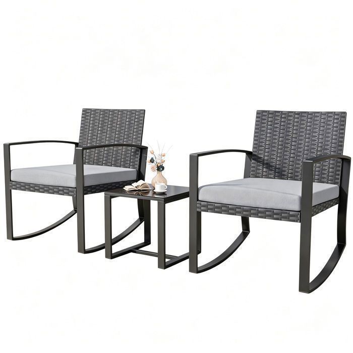 Salon de Jardin - Bealife - 2 Fauteuils Bascule - 1 Table Basse Verre Trempé - Coussin Déhoussable - Résine Tressée Gris - Véranda