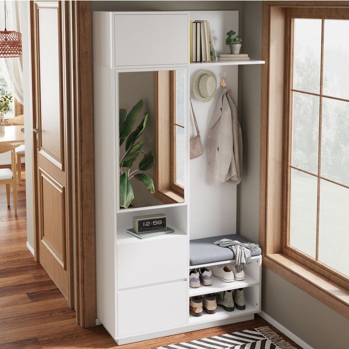 Meuble dentrée avec miroir banc patères et range-chaussures - YEAVIO - Blanc MDF pour entrée 90×34 5×190 cm