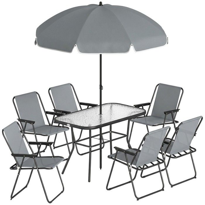 Ensemble repas jardin table verre 119x68cm avec 6 chaises pliables parasol motif ondulé gris Outsunny Ensemble repas jardin table verre 119x68cm avec 6 chaises pliables parasol motif ondulé gris Outsunny