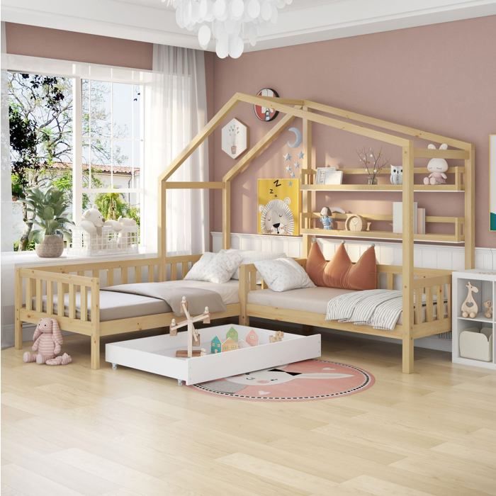 Lit cabane enfant en L 90 x 200 cm + 70 x 140 cm avec tiroir et étagères pin et MDF coloris naturel