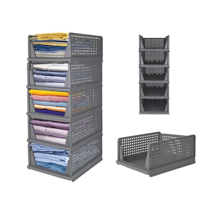 Lot de 5 Boîte de rangement pliable et empilable 33.5x43x90cm Étagère Organisateurs tiroirs pour vêtements casiers et penderie