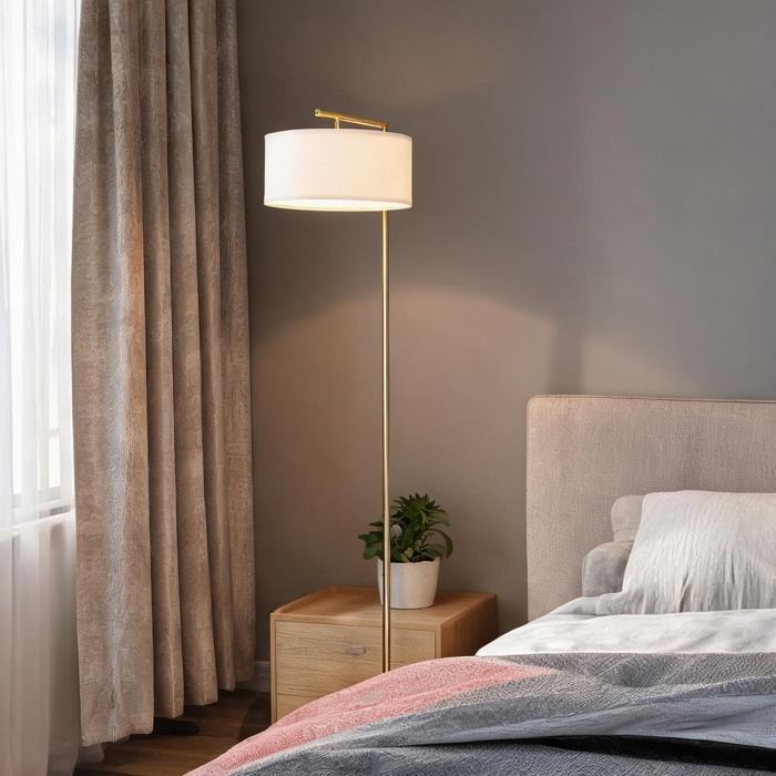 Lampadaire doré à abat-jour en lin blanc design moderne salon ou chambre 153 cm métal
