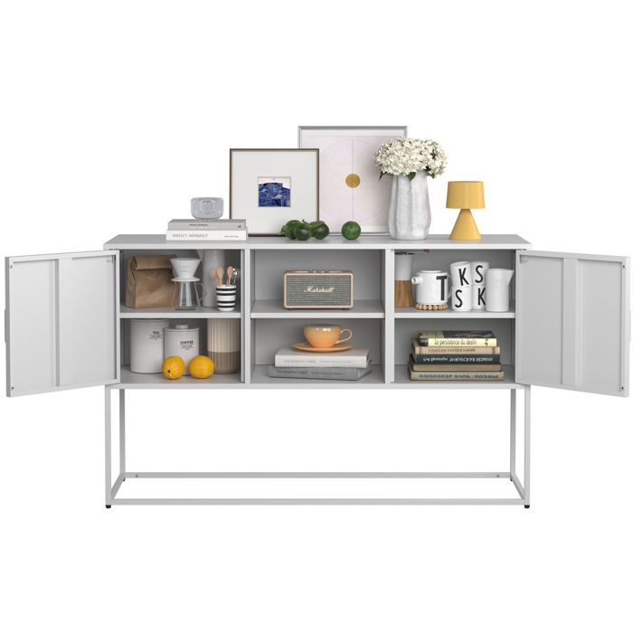 Buffet bas en métal blanc 120 x 40 x 75 cm 6 compartiments 2 portes bahut de rangement moderne