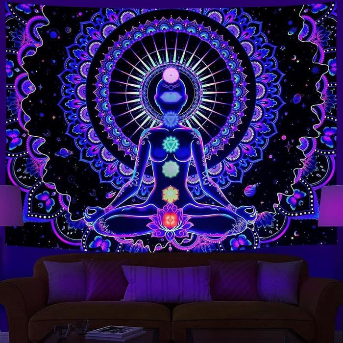 Tapisserie Murale Manda Chakra Glow in Dark Réactive aux UV Lumière Noire Fluorescente Psychédélique Chakra. TENTURE