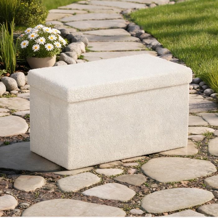 Banquette coffre pliante en polyester velouté blanc crème 76 x 38 x 38 cm structure MDF capacité 120 kg