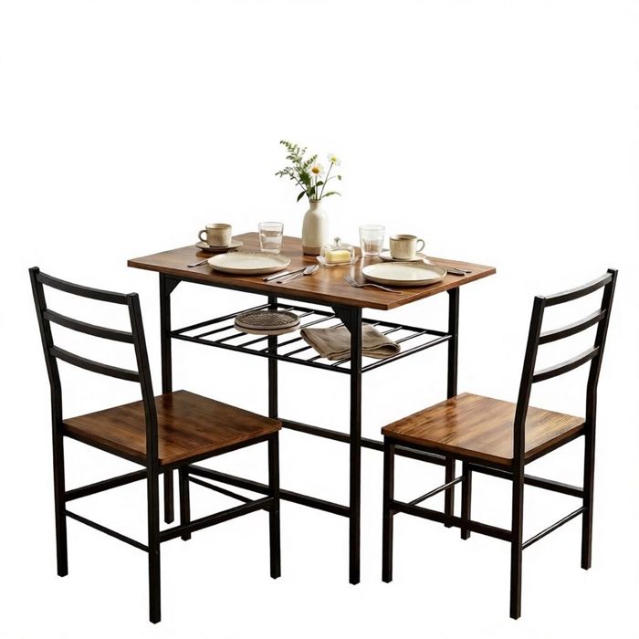 Ensemble Table Salle à Manger avec 2 Chaises-Table de Cuisine pour 2 Personnes-Étagère de Stockage-Cadre Métallique-Brun Rustique