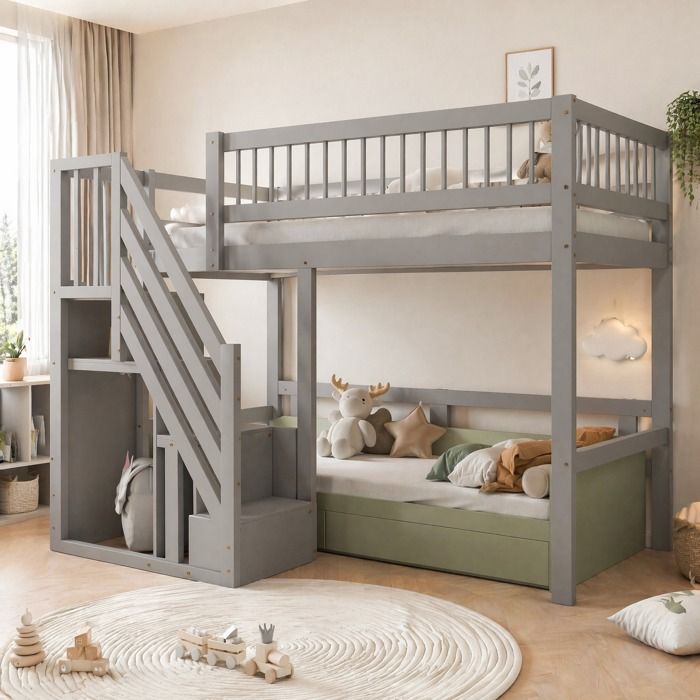 Lit mezzanine - ZEVKOR - Lit Mezzanine Enfant 90×200 cm - Escalier de rangement - Garde-corps - Bois pin gris