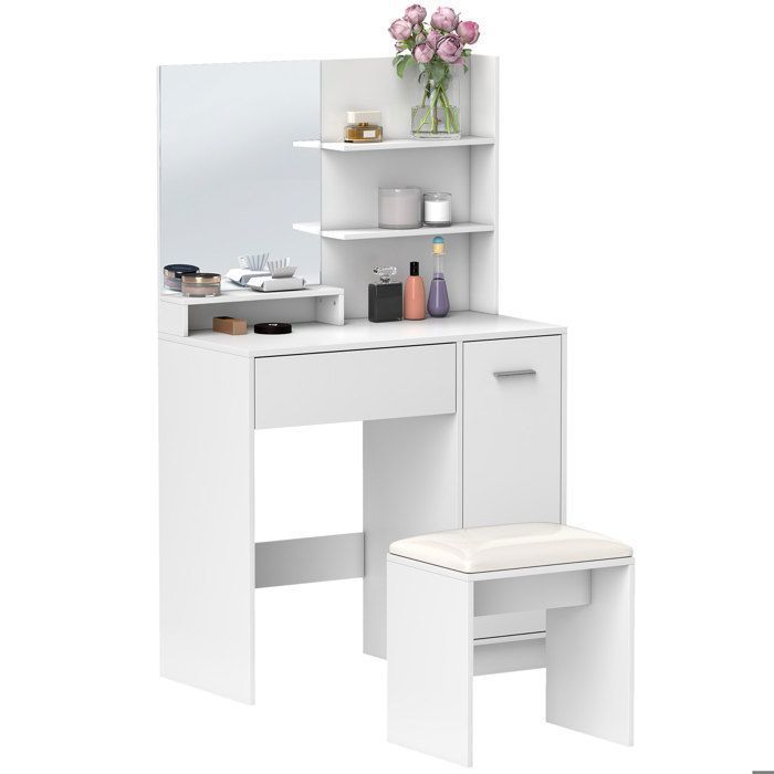 Coiffeuse table de maquillage avec miroir et tabouret assorti en verre fonctionnel design 80 x 40 x 132 cm