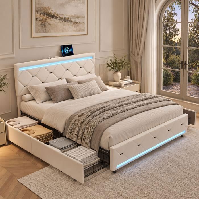 Lit 140x190 avec rangement - Lit double avec LED et USB - Lit avec 4 tiroirs- sommier à lattes- Velours Blanc cassé