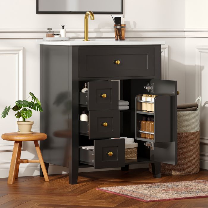 Armoire de salle de bains de 61 cm avec peinture noire brillante Tiroir pliant Pour salle de bain Avec espace de rangement