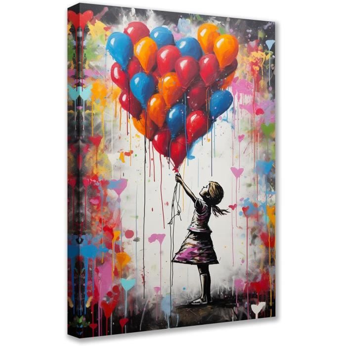 Tableau Toile Banksy 'Fille Au Ballon Rouge' - 70x100 Cm Avec Cadre - Décor Street Art Moderne Pour Salon