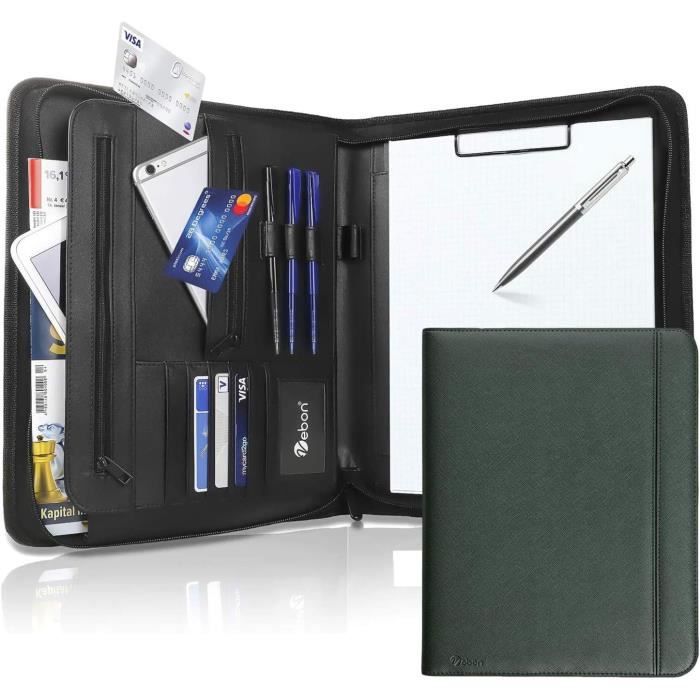 Porte-Documents A4 En Cuir Végétalien - Compartiment Ordinateur 13", Fermeture Éclair, Pince - Coloris Vert Pin
