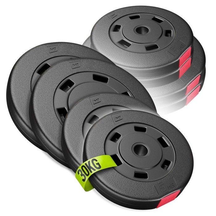 Disques de Poids en Plastique 30 kg Ø 31 mm Hop-Sport Disques dHaltères pour Musculation pour Barres 30 mm - 2x5 2x10 kg