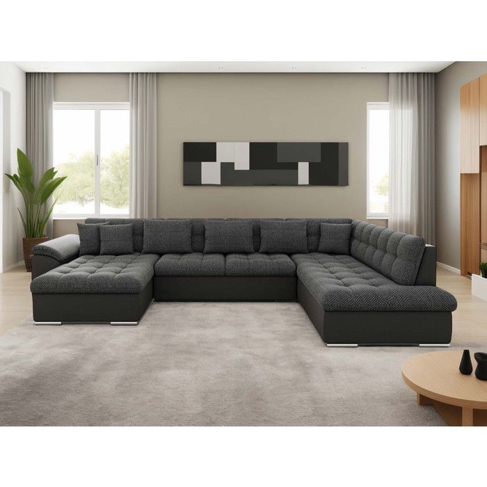 Chuck - canapé panoramique dangle droit XXL - convertible avec coffre - 7 places - Noir / Gris