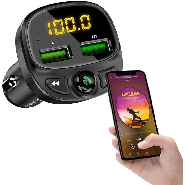 Transmetteur Bluetooth Voiture Avec FM - 2 Ports USB (dont QC3.0), Indicateur Tension LED - Compatible IOS/Android, Mains Libres