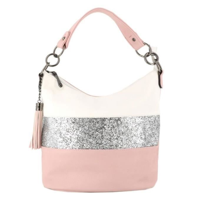 Sac A Main Bandoulière Femme Gallantry - Rose - Paillette Multicolore - Sac Anse Large Bandes Strass Brillant