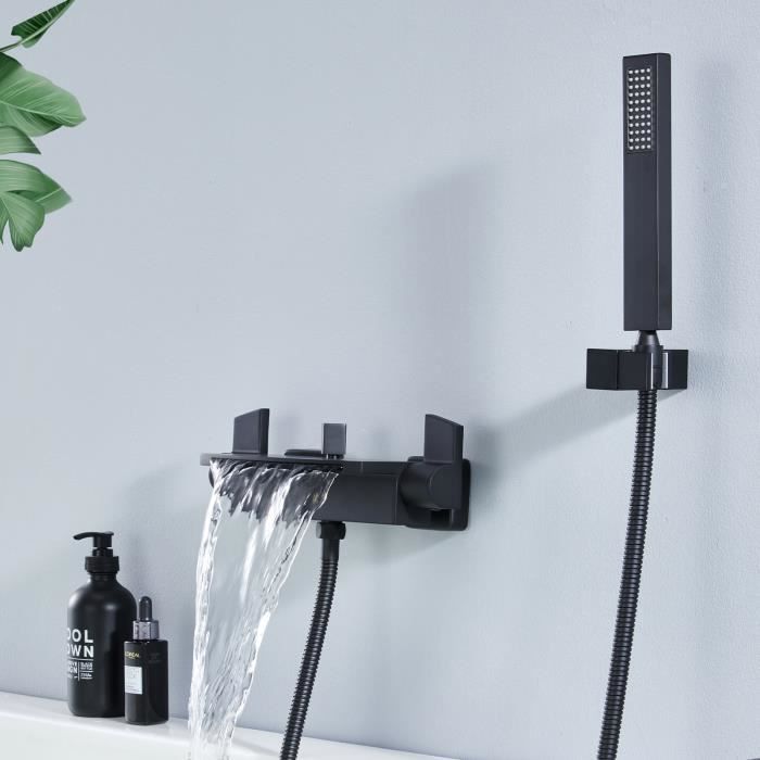mitigeur de bain robinet de salle de bain à une poignée Robinet de baignoire cascade monté sur le pont noir robinet de baignoire en laiton avec douche à main 